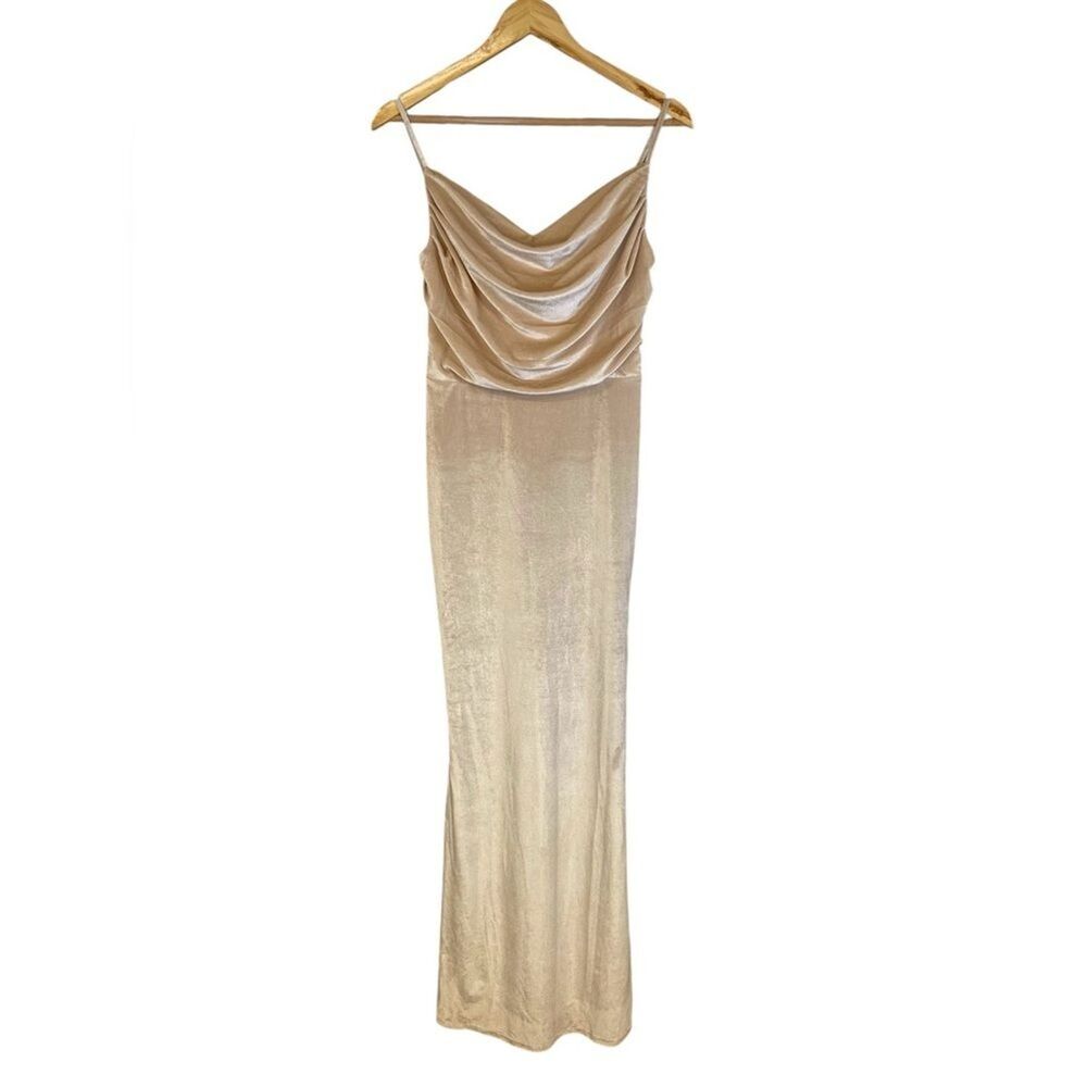 Lavetir Velvet Champagne Color Draped Front Gown Size 8